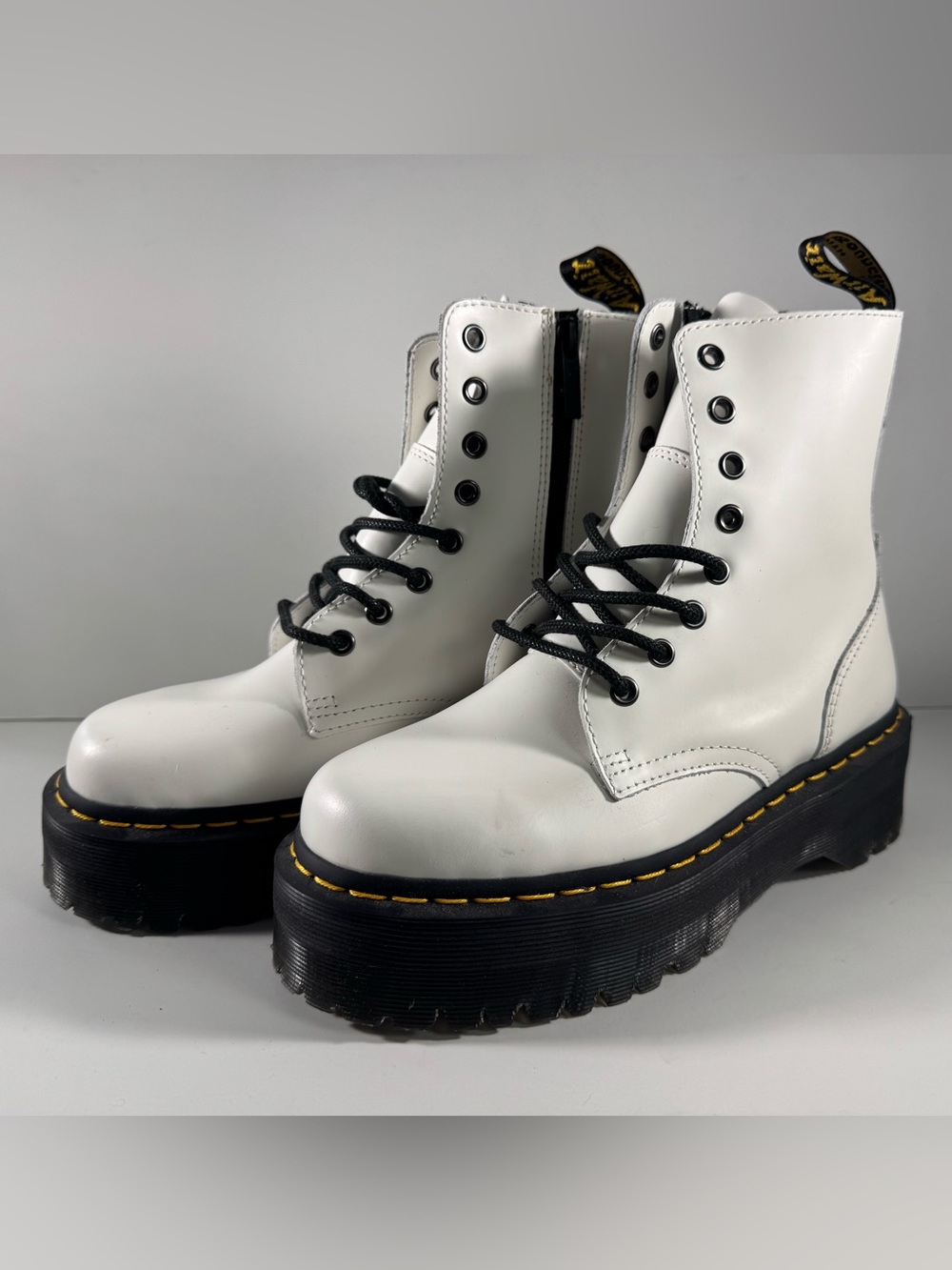 Dr. Martens Jadon White Platform Lace-Up Boots with Black Sole